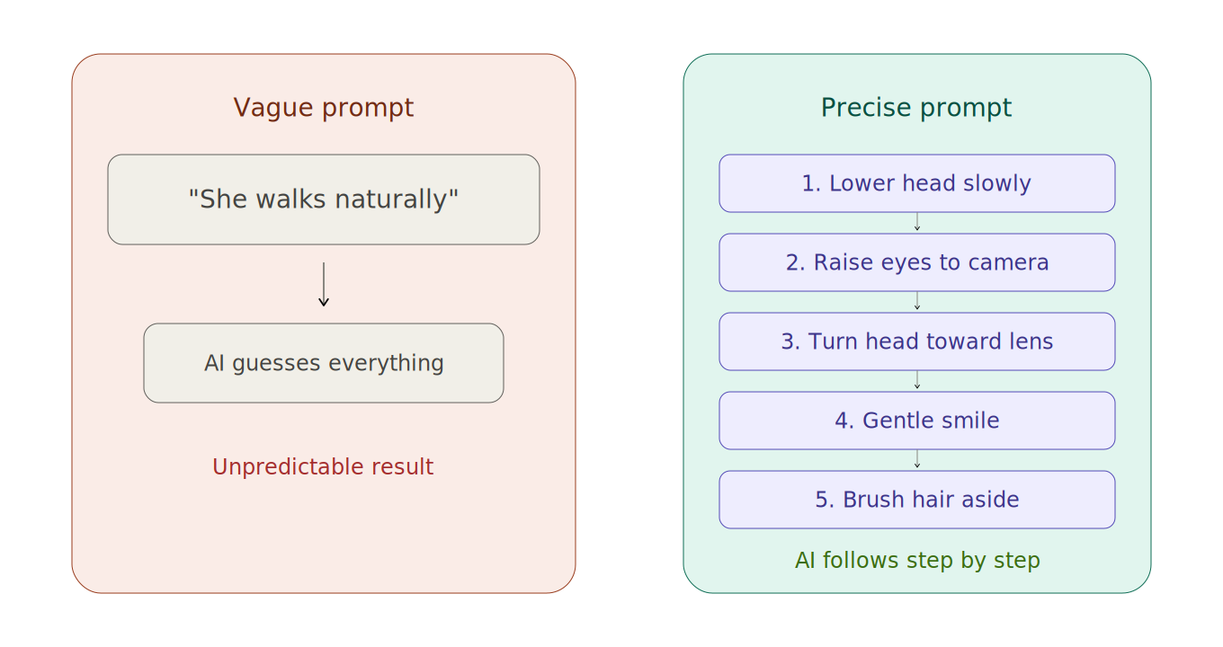 Prompt technique: break actions into step-by-step instructions so AI can follow precisely AI video prompt action breakdown comparison: vague description on the left leads to random AI output, step-by-step instructions on the right let AI follow each action precisely